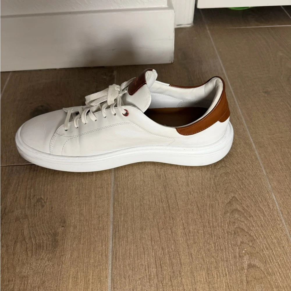 White Leather Low-Top Sneakers with Brown Leather Accents - Picture 6 of 11